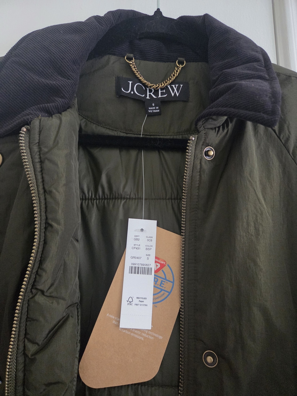 J.CREW Women's Olive Green Puffer Jacket with Corduroy Collar Oversized Fit